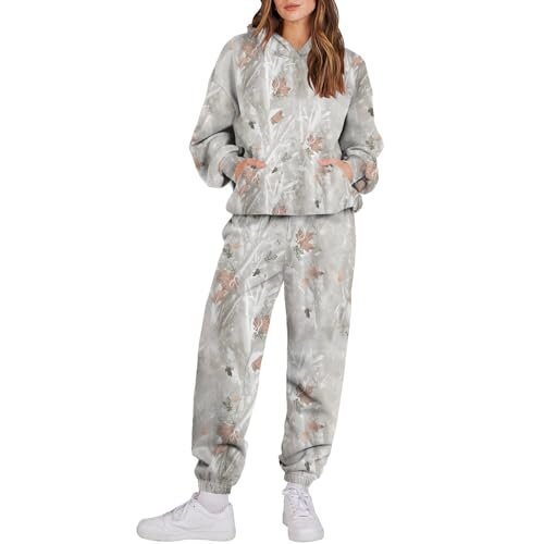 Women's 3 Camouflage Leaves Sports Hooded Long Sleeve Sweatshirt And Sweatpants Sets