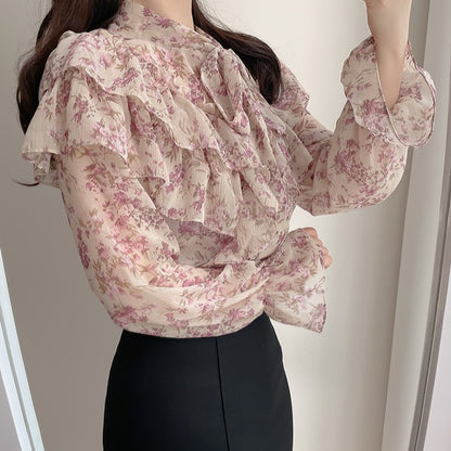 Design Sense Bow Chiffon Shirt Floral Shirt Women's Top