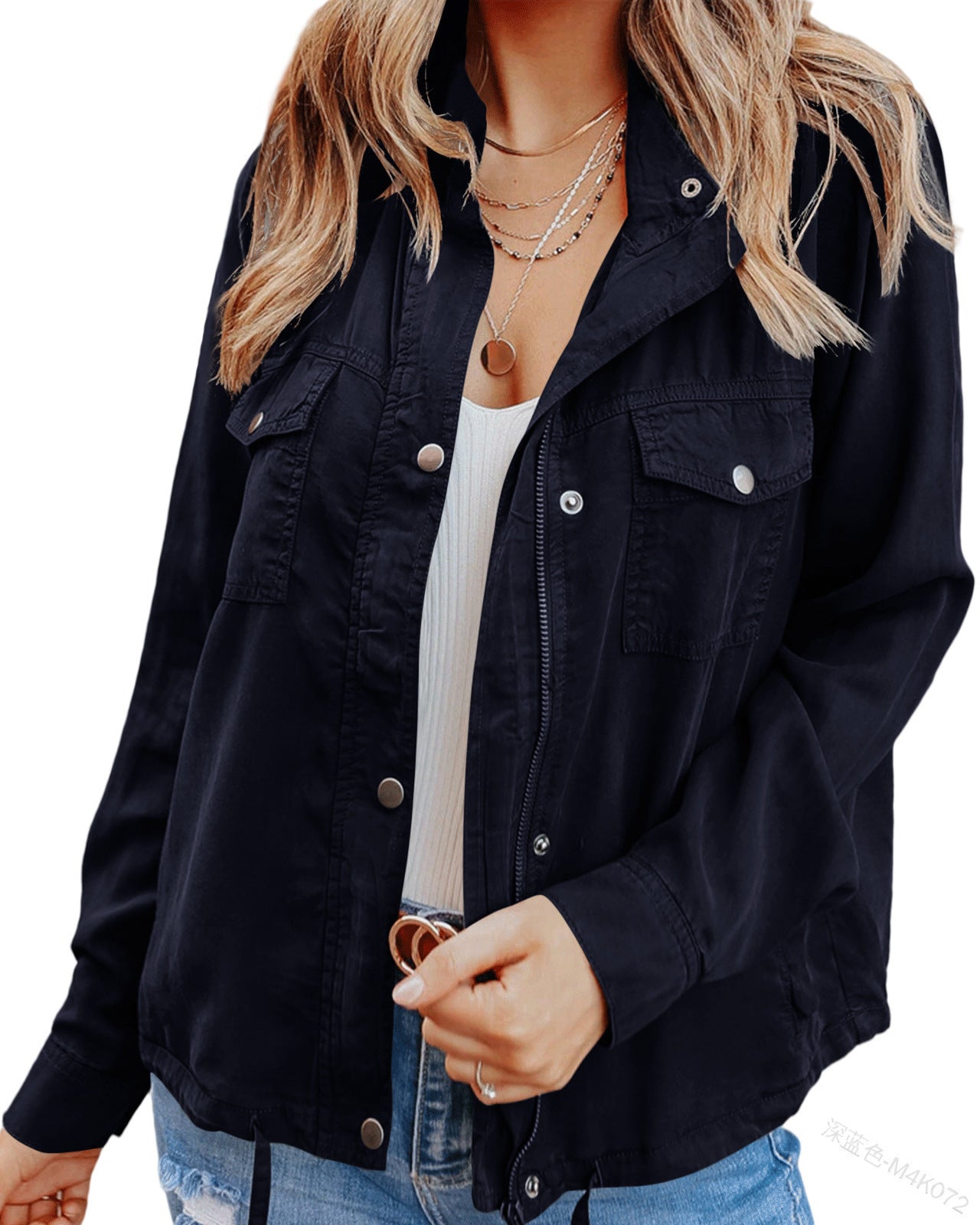 Polo Collar Zipper Hidden Hook Long Sleeve Pocket Drawstring Jacket Coat