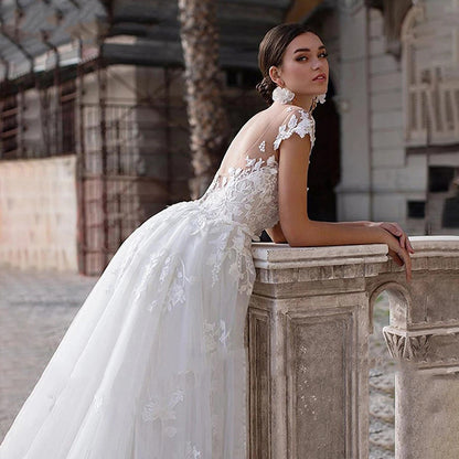 Vestido de novia de cola de novia blanco adelgazante con cuello redondo de ensueño ropa bidireccional actividad Mujer