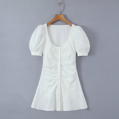 French Retro Square Collar Single Breasted Puff Short Sleeve Dress