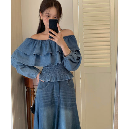 Retro Off-shoulder Waist-controlled Top Large Swing Denim Skirt