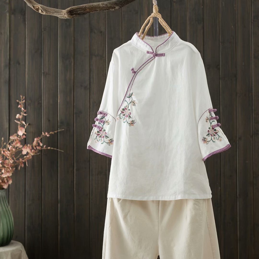 Retro Buckle Cotton And Linen Embroidery Chinese Blouse Women