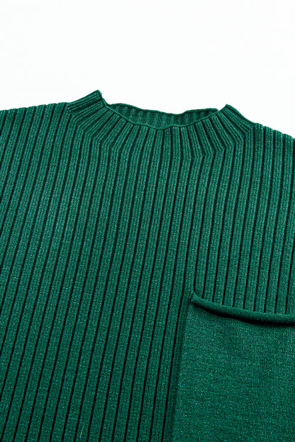 Vestido jersey de punto acanalado con bolsillo de parche de manga corta verde negruzco