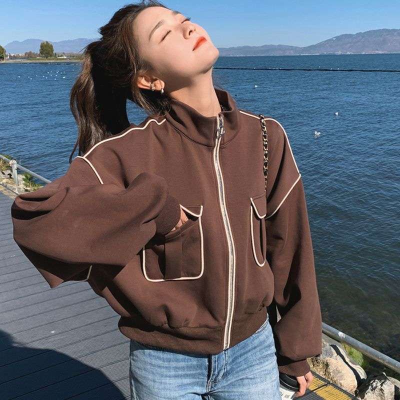 Pocket Stand-up Collar Baseball Jacket For Women