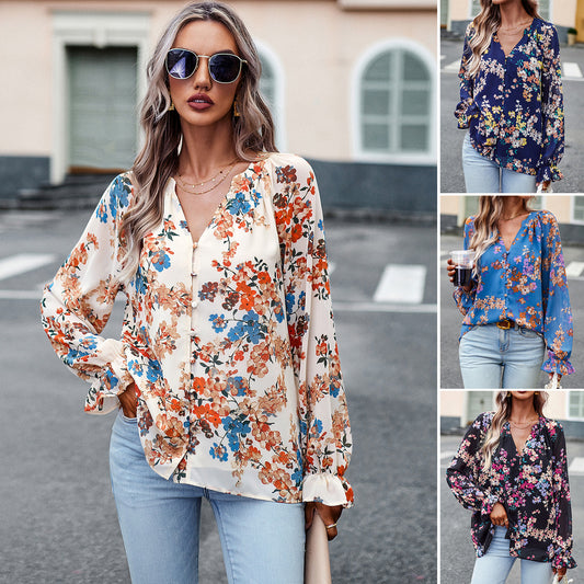 Camisas de manga larga con cuello en V y estampado floral casual para mujer