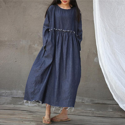 Vestido de rebabas sueltas plisadas de cintura alta azul denim de primavera