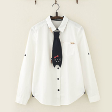 Cat Wood Button Tie Embroidered Long Sleeve Shirt