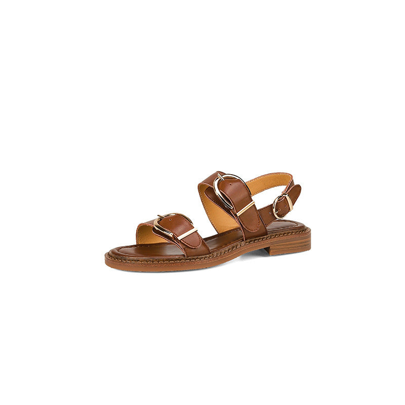 Belt Buckle Ankle-strap Sandals Back Strap Low Heel Chunky Heel Cowhide