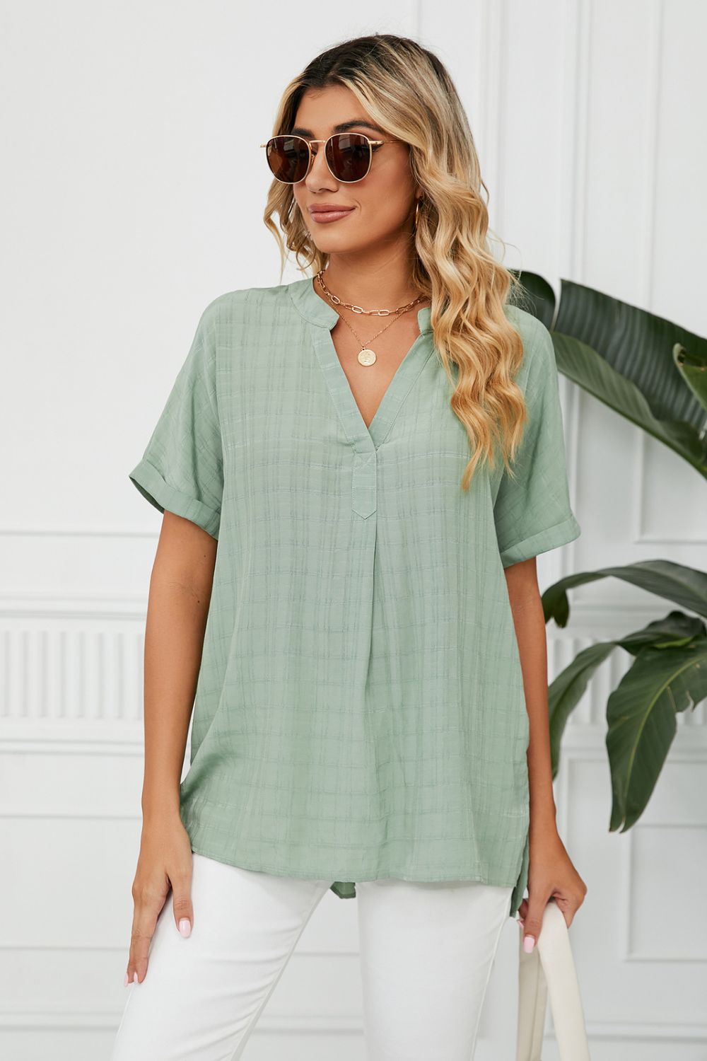 Side Slit Notched Neck Cuffed Short Sleeve Blouse