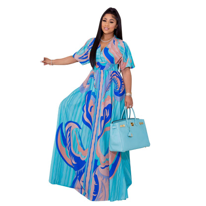 Printed Butterfly Sleeve Women's Large Swing Side Slit Dress