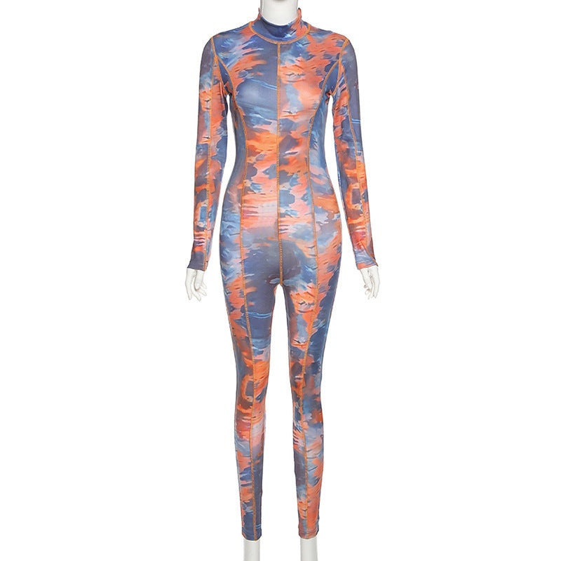 New Fashion Printed Long Sleeve Slim Sports Jumpsuit