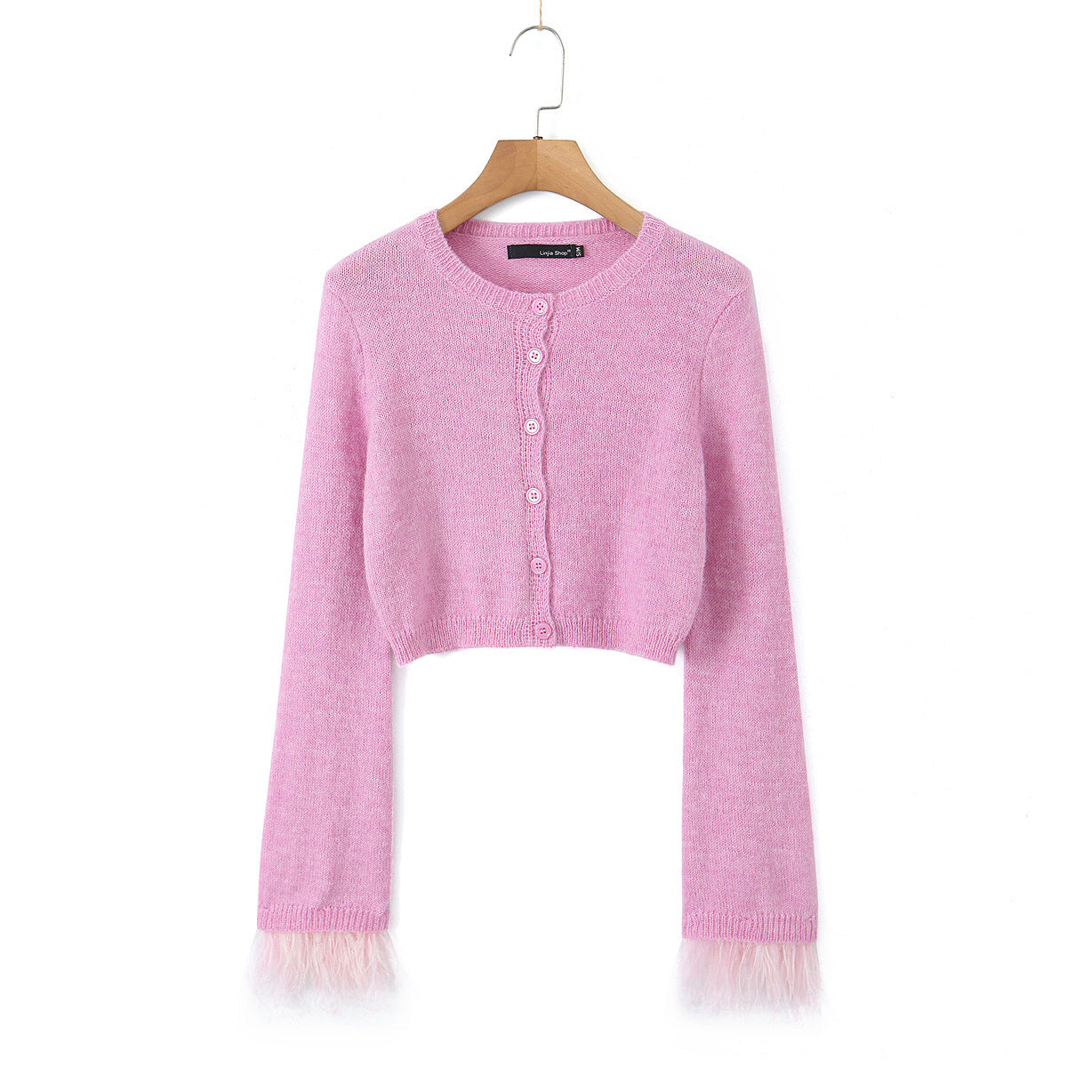 Short Knitted Cardigan Cuff Fur Slim Fit Patchwork Button Top Sweater