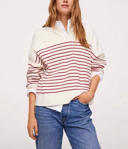 High Neck Bottoming Knitted Sweater With Stripes