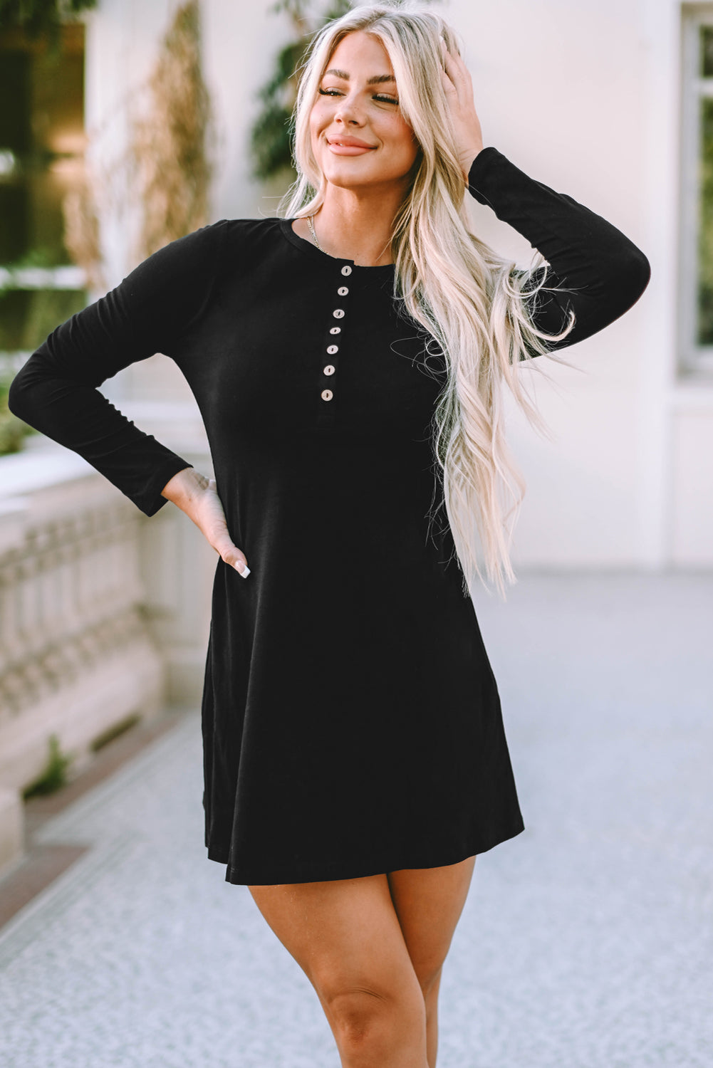 Vestido henley negro liso de manga larga