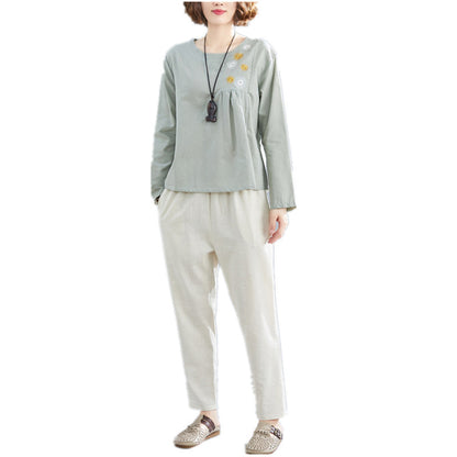 Literary Loose Cotton And Linen Embroidery Flower Long Sleeve Suit