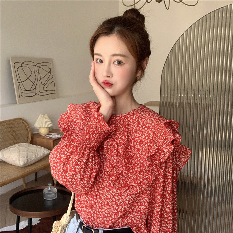 Double-collar casual floral top shirt