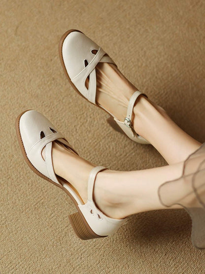 Women's Sheepskin Closed Toe Hollow-out Strap Genuine Leather Roman Sandals