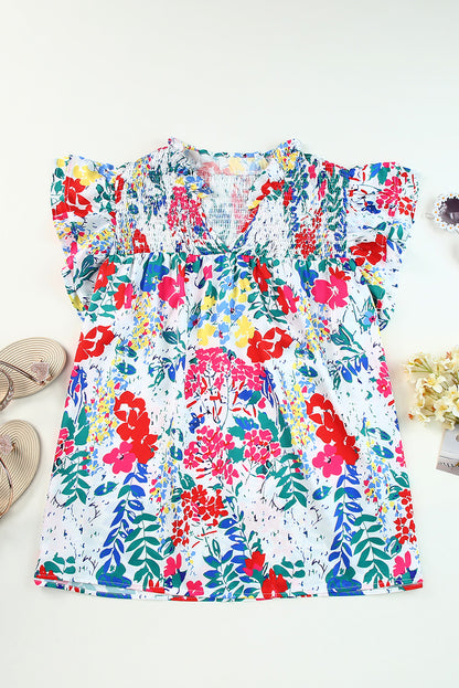 Plus Size Floral Smocked Flutter Sleeve Blouse