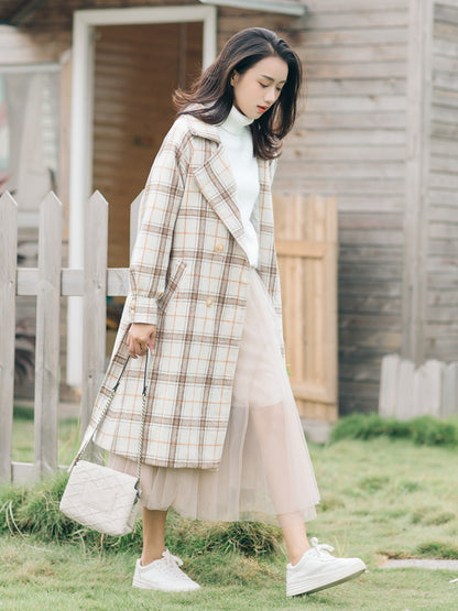 Plaid Beige Lapel Over-The-Knee Woolen Korean Style Coat