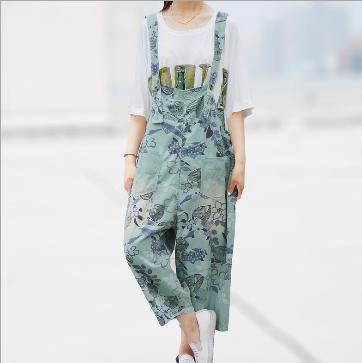 Casual Loose Floral Print Cotton Overalls Women