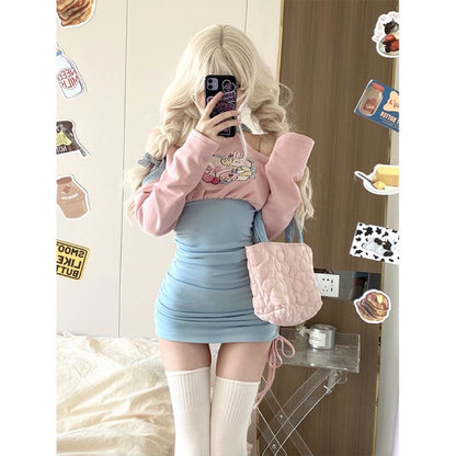 Women's Pink Blue Long Sleeved Slimming Waist Dress