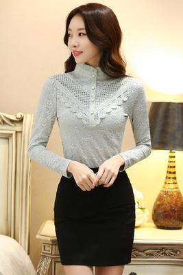 Camisa de encaje para mujer, manga larga, más camisa gruesa de terciopelo con cuello alto 