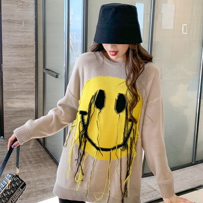 Loose smiley long-sleeved knitted top