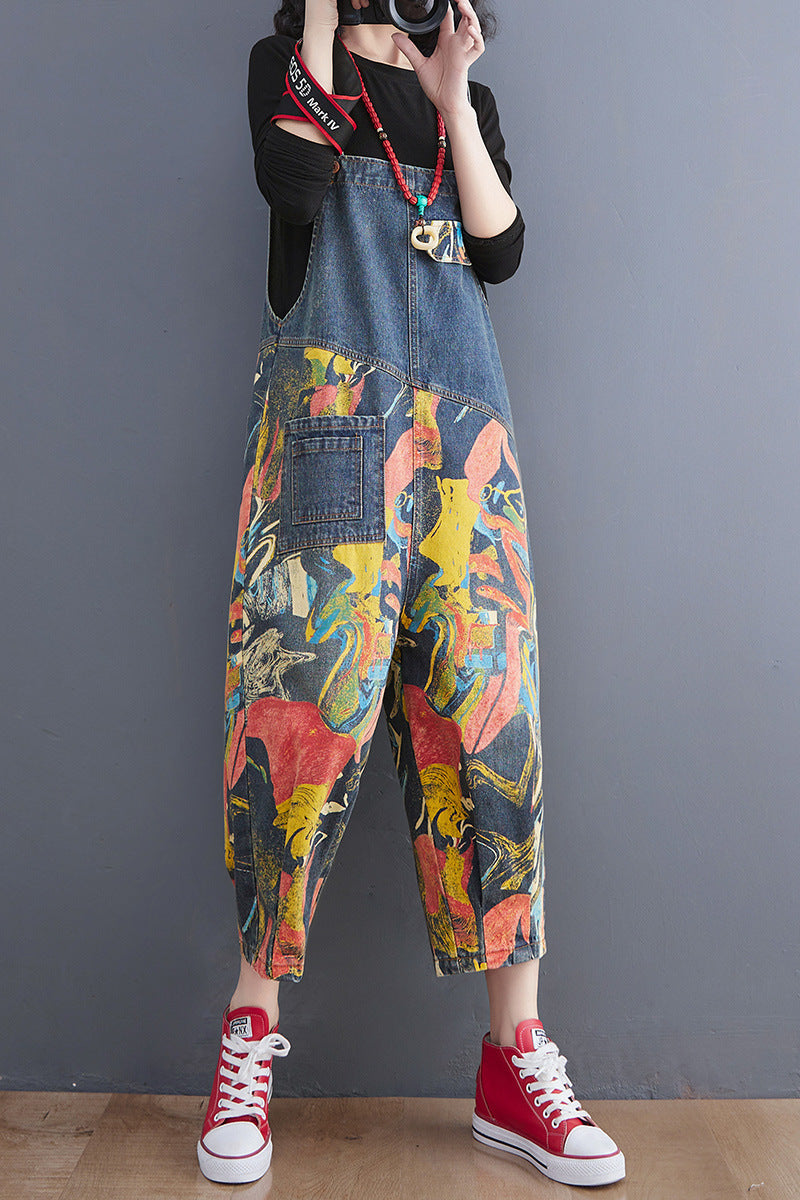 Ladies Fashion Slim Print Denim Bib Pants