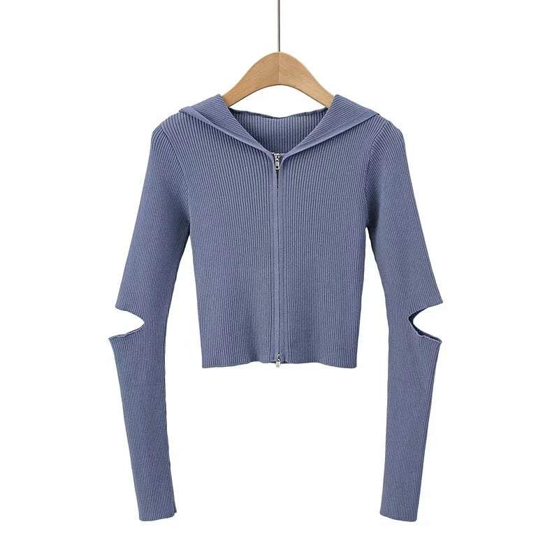 Solid Color Short Long-sleeved Hooded Knitted Cardigan