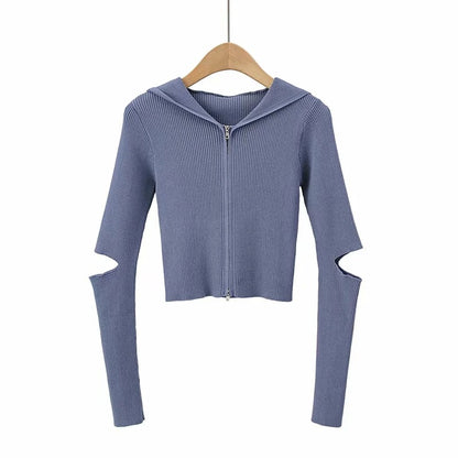 Solid Color Short Long-sleeved Hooded Knitted Cardigan