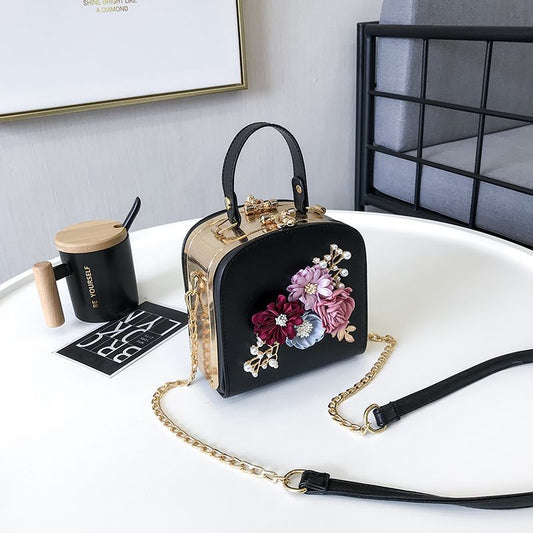 Bolso pequeño cuadrado con clip de metal, nuevo bolso de moda para cenas y hombros con flores