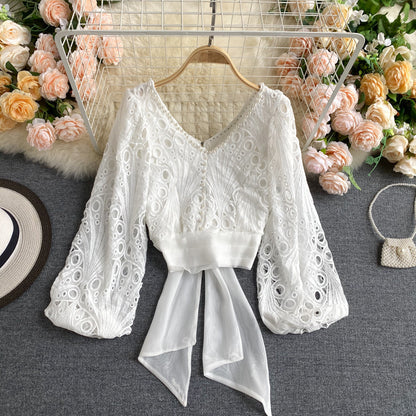 Jacket Female Hollow Lace Puff Sleeve Tie Waist Short Beaded Shirt