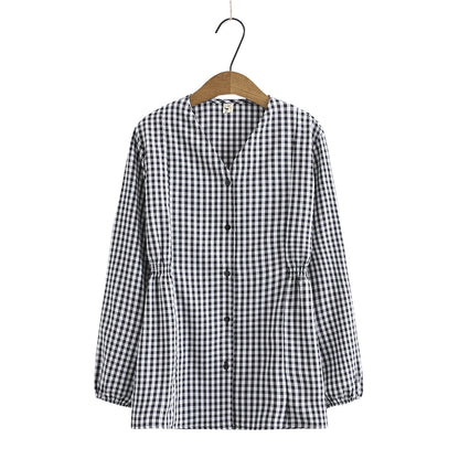 Women's Slim Small Plaid Cardigan Spring Fashion V-Neck Long Sleeve Shirt