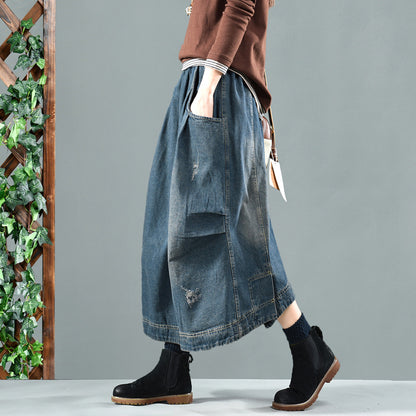 Retro Elastic Waist Washed Denim Skirt