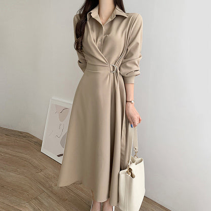 Single-breasted Side Lace-up Waist-controlled Solid Color Below The Knee Long Sleeve Dress