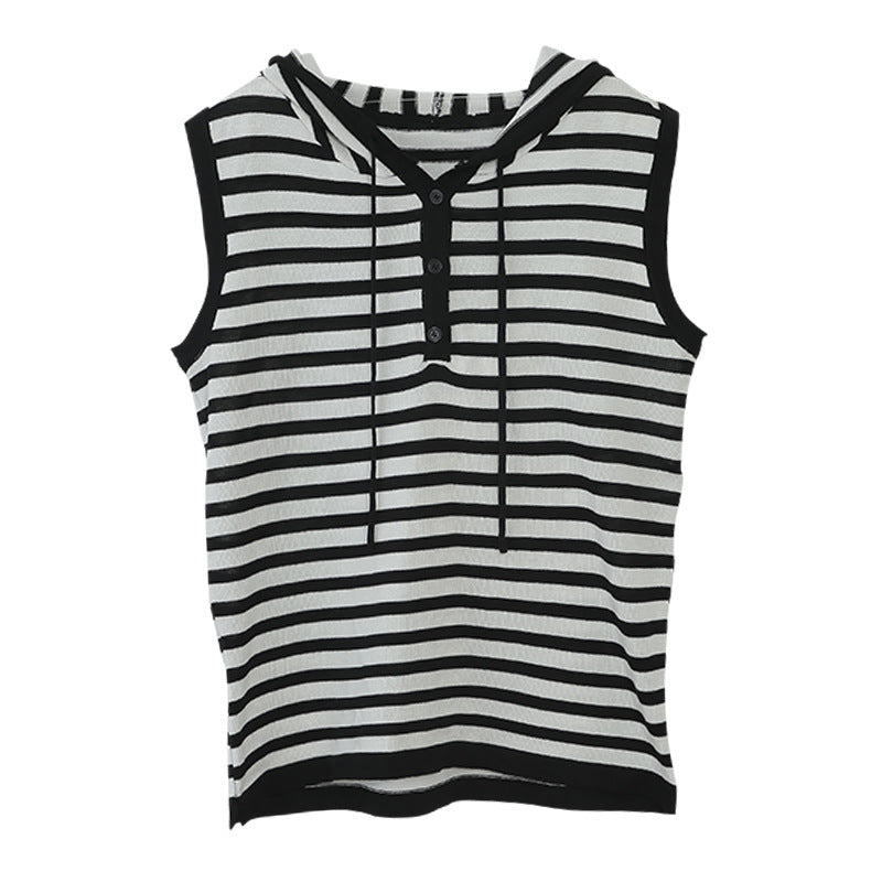 Striped Sleeveless Hooded Vest Women's Hooded Mercerized Cotton Short Sleeves