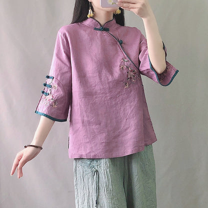 Retro Buckle Cotton And Linen Embroidery Chinese Blouse Women