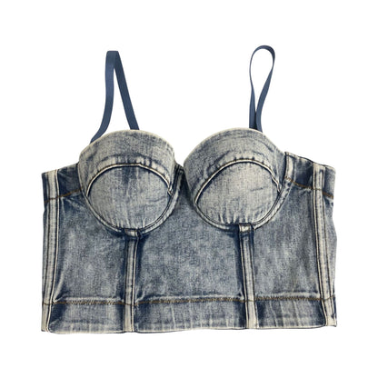 Camisole en denim rétro américain teint en arête de poisson grise