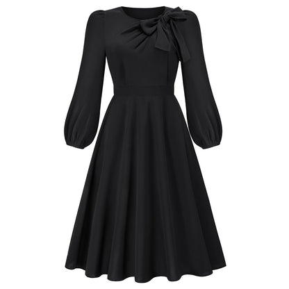 Autumn And Winter Long Sleeve Round Neck Bowknot Dress