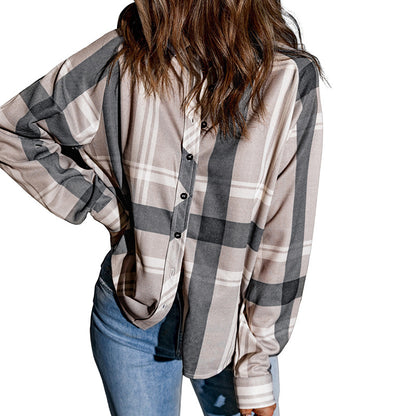 Camisa de manga larga con solapa a cuadros de otoño e invierno para mujer