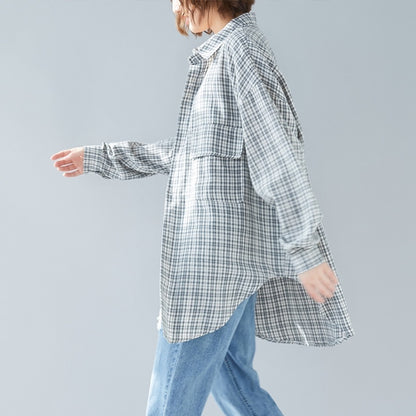 Lapel Plaid Long-sleeved Shirt Age-reducing Belly-covering Top