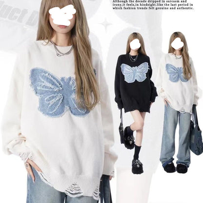 Women's Niche Butterfly American Retro Denim Embroidered Sweater