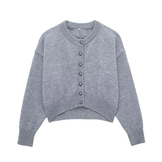 Female Gray High Waist Short Decorated Row Button Knitted Coat