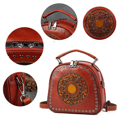 Retro Original First Layer Cowhide Round Hole Totem Shoulder Bag