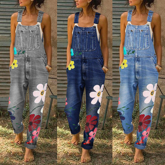 Floral Print Denim Overalls Long Trousers Jumpsuit With Pockets