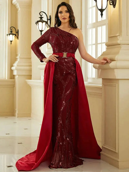 Women's Sequined Solid Color Mid-waist Red Banquet Dress