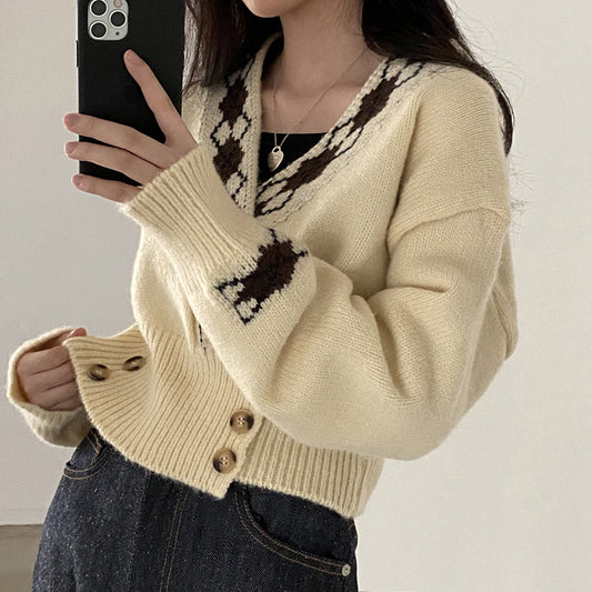 Loose Crossover V-Neck Buttoned Waist Sweater