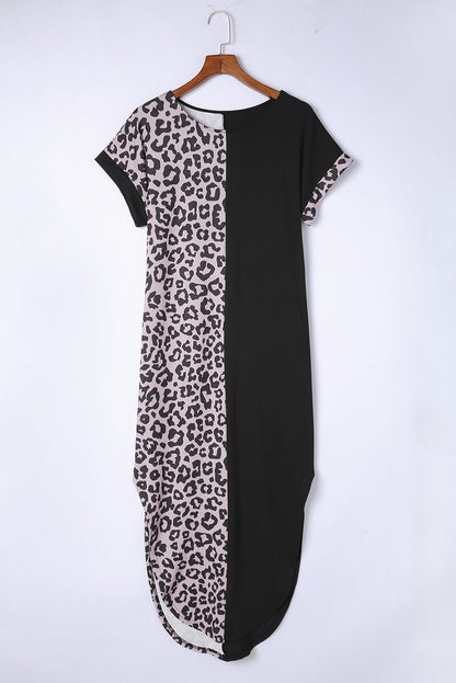 Vestido estilo camiseta de manga corta con estampado de leopardo liso en contraste negro con aberturas