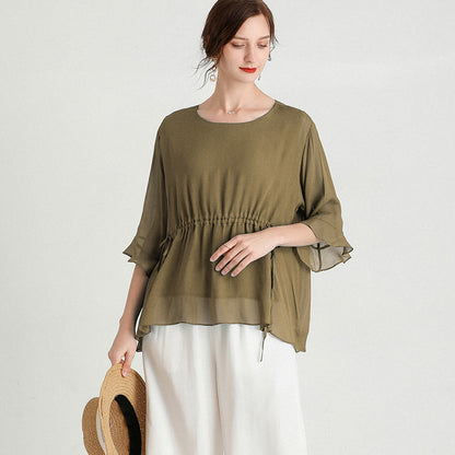 Summer New Style Temperament Short-Sleeved Plus Size Slimming Silk Blouse Women